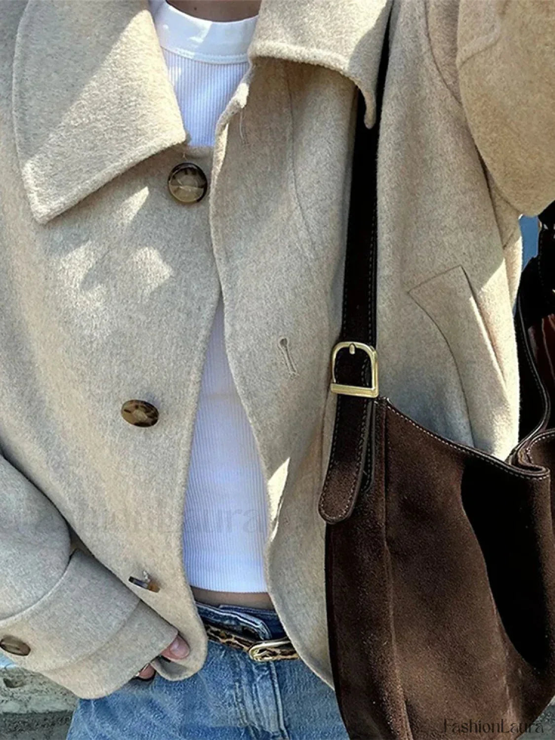 Elegant Women's Short Woolen Coat Loose Lapel Single Breasted Long Sleeve Overcoats