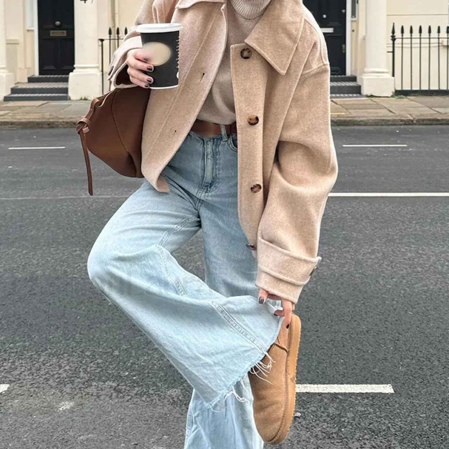 Elegant Women’s Short Woolen Coat Loose Lapel Single Breasted Long Sleeve Overcoats khaki / S