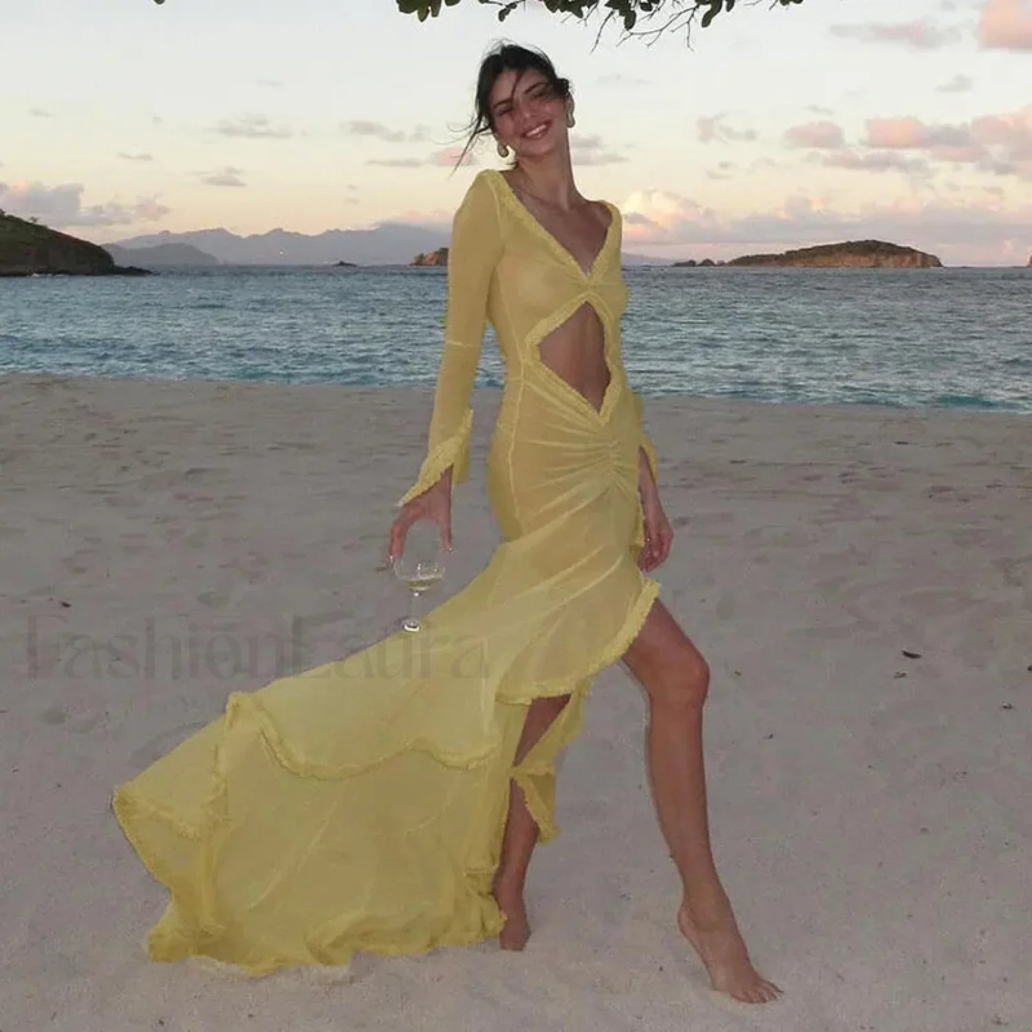 Elegant Yellow See Through Ruched Summer Long Sleeve Maxi Dress