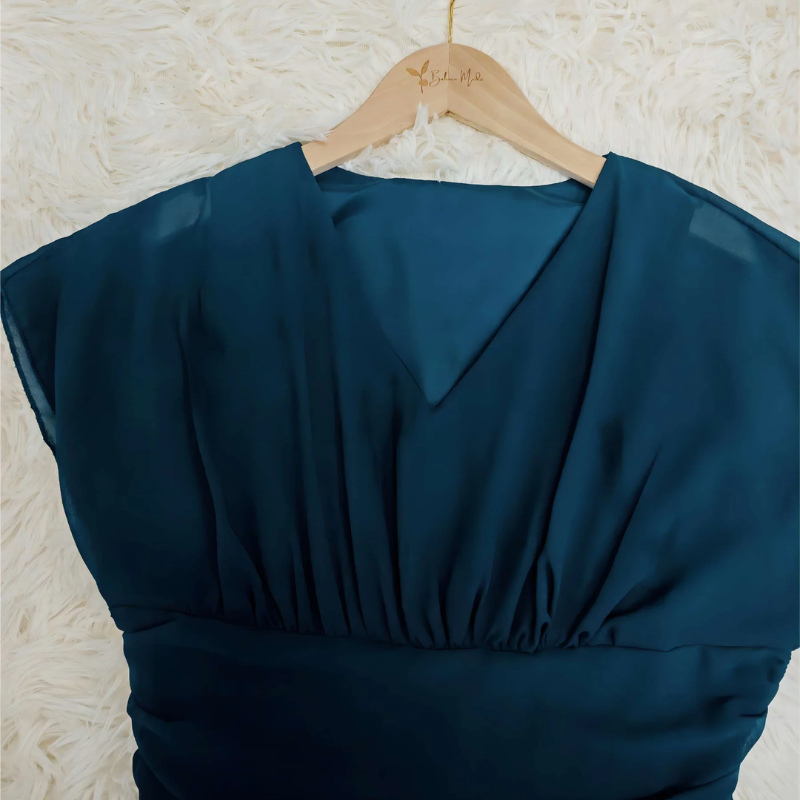 Chiffon Deep V-Neck Flutter Sleeve Ruched Waist Layered High Low Formal Gown