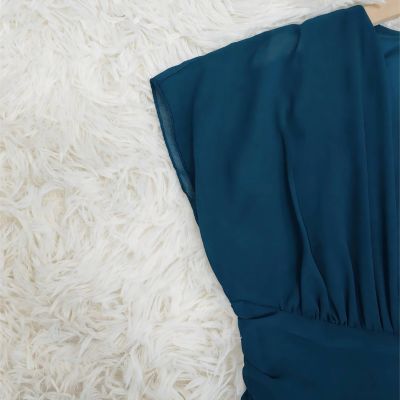 Chiffon Deep V-Neck Flutter Sleeve Ruched Waist Layered High Low Formal Gown