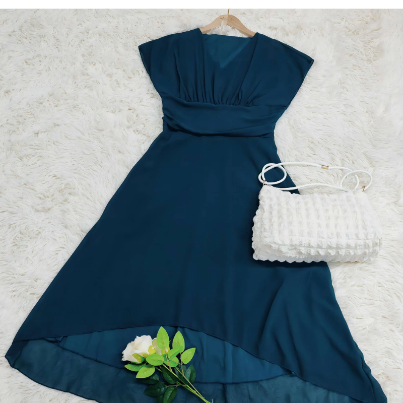 Chiffon Deep V-Neck Flutter Sleeve Ruched Waist Layered High Low Formal Gown