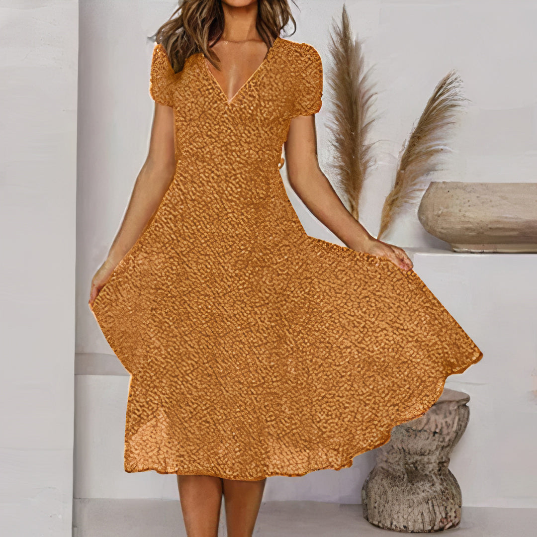 Snakeskin Print V-Neck Short Sleeve Fit and Flare Midi Dress