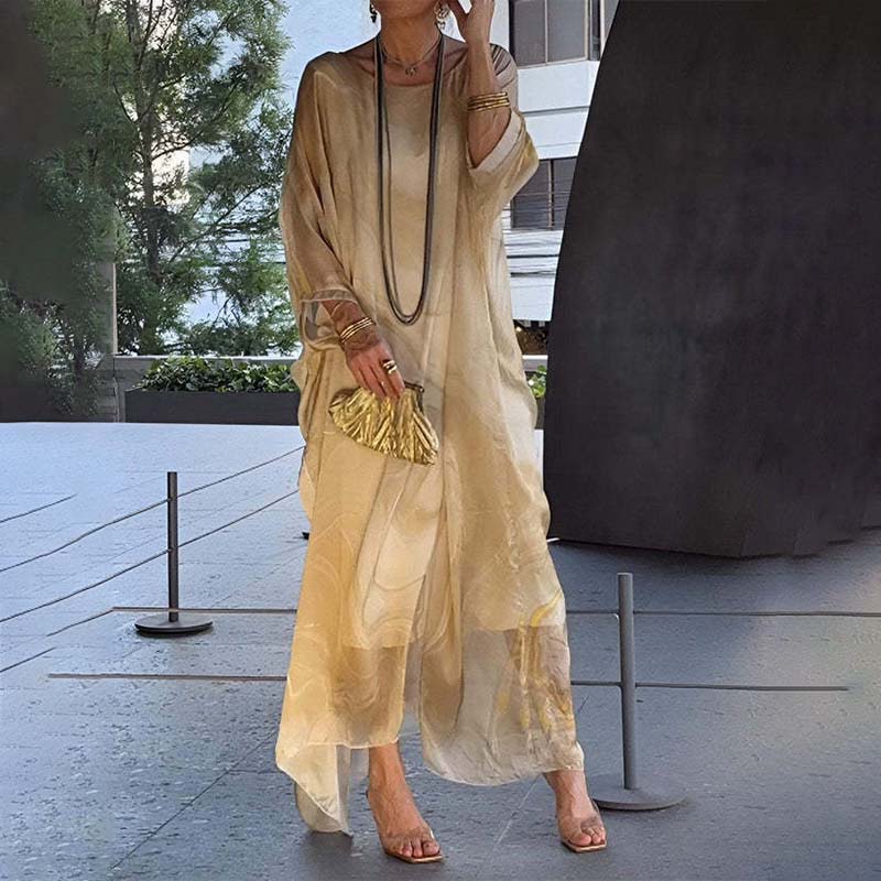 Marble Print Long Sleeve Kaftan Chiffon Maxi Dress