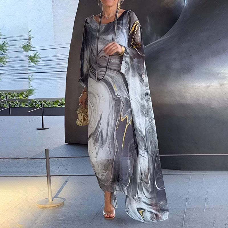 Marble Print Long Sleeve Kaftan Chiffon Maxi Dress