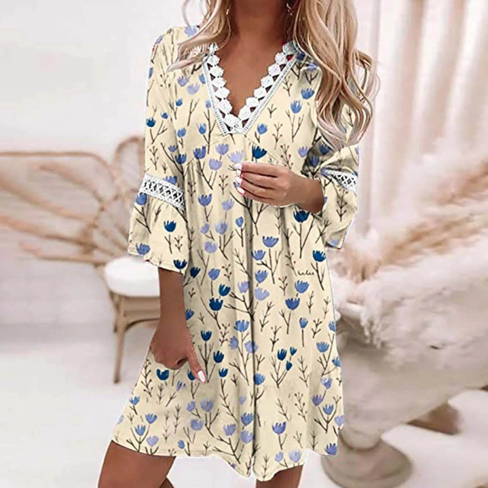 Floral Print V-Neck Lace Trim Three-Quarter Sleeve Mini Dress