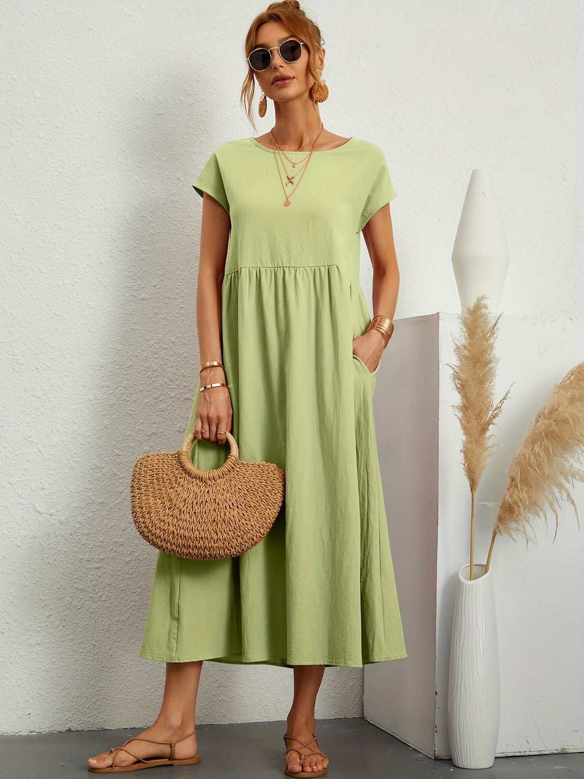Round Neck Short Sleeve Smock Waist A-Line Maxi Dress - View 20