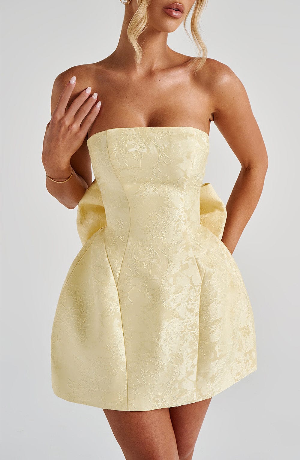 Jacquard Strapless Back Bow Bubble Skirt Mini Dress 5