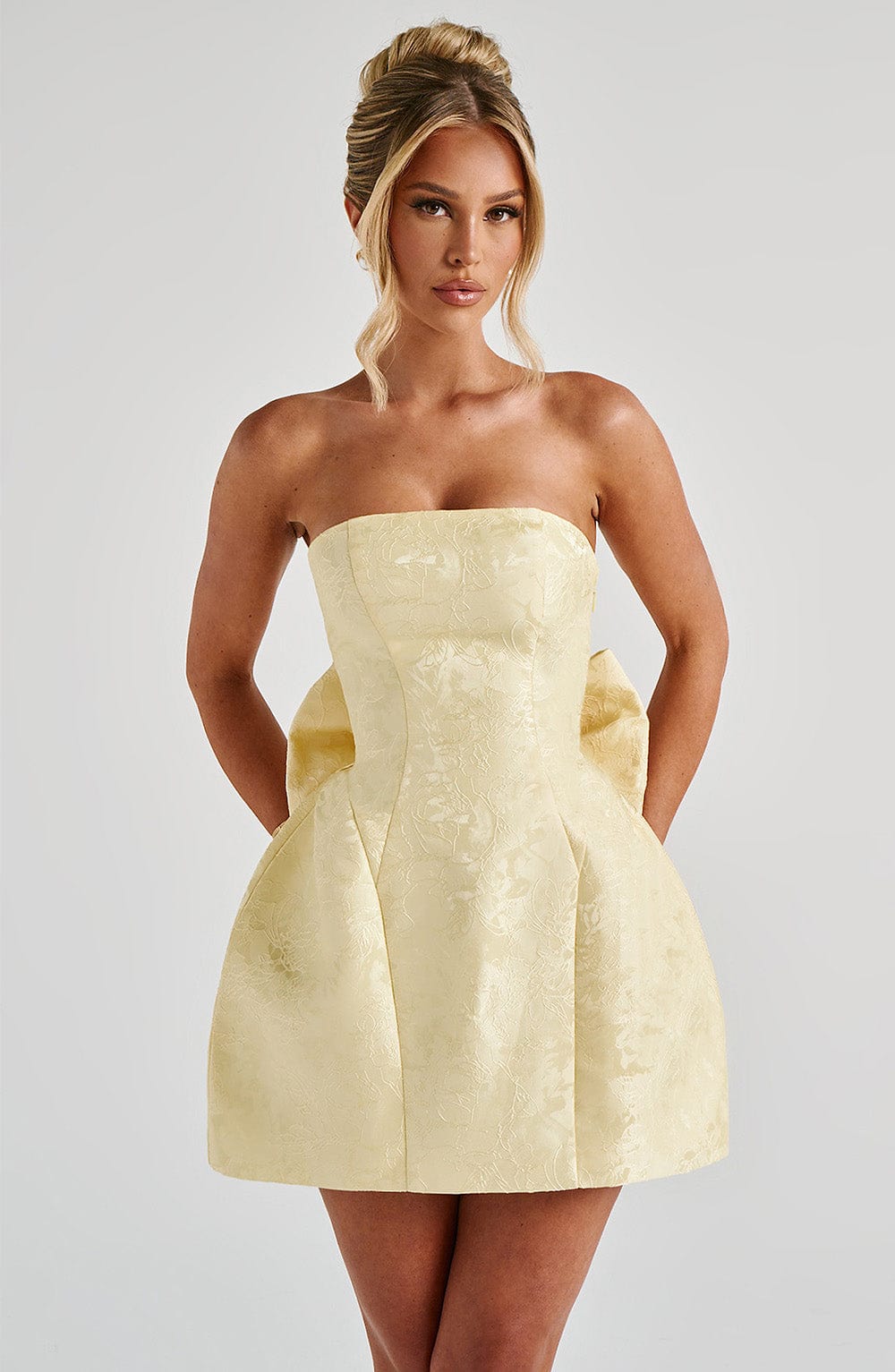 Jacquard Strapless Back Bow Bubble Skirt Mini Dress