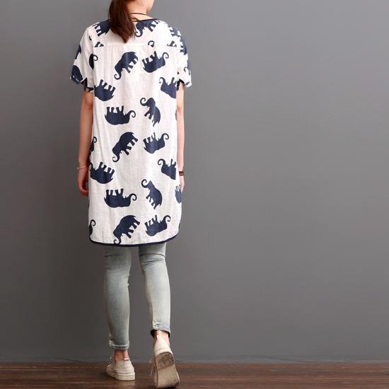 elephant print summer linen dresses loose blouse women shirt