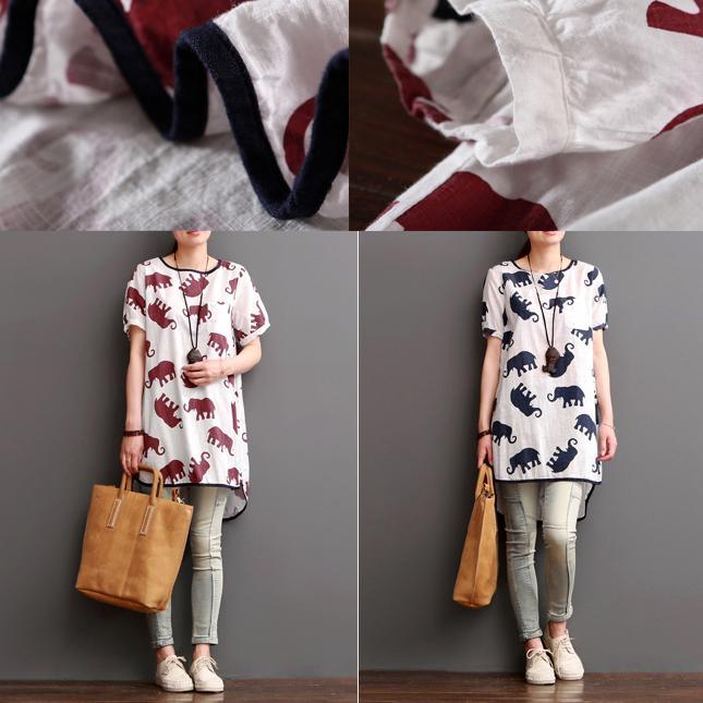 elephant print summer linen dresses loose blouse women shirt