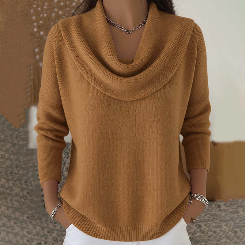 Cowl Neck Long Sleeve Curved Hem Knit Sweater