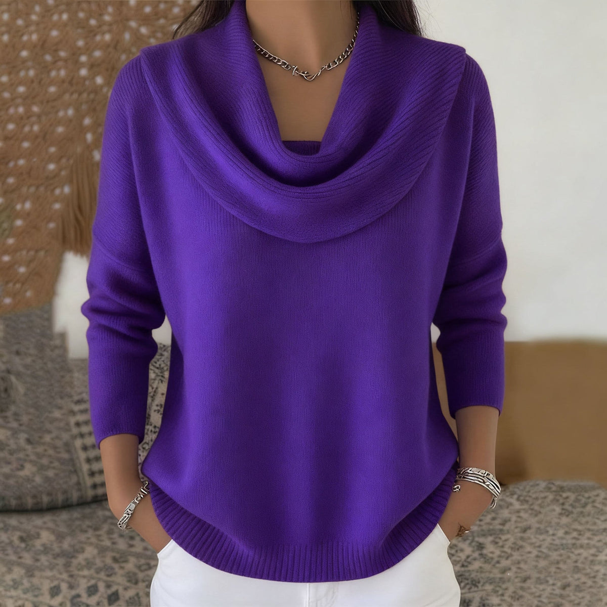 Cowl Neck Long Sleeve Curved Hem Knit Sweater