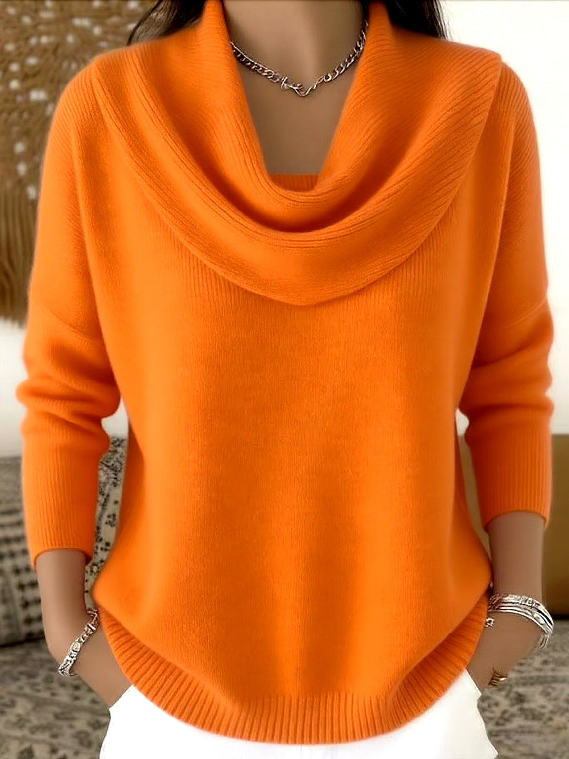 Cowl Neck Long Sleeve Curved Hem Knit Sweater