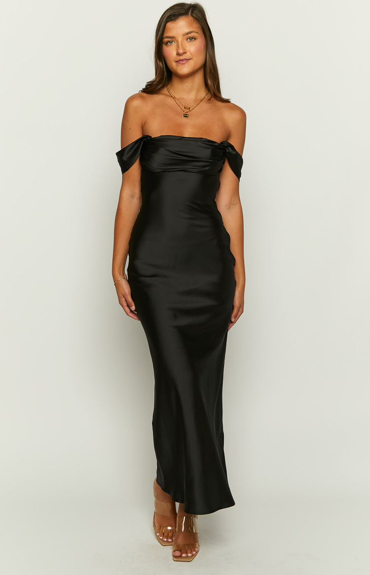Satin Off Shoulder Draped Sleeve Bodycon Maxi Gown 3