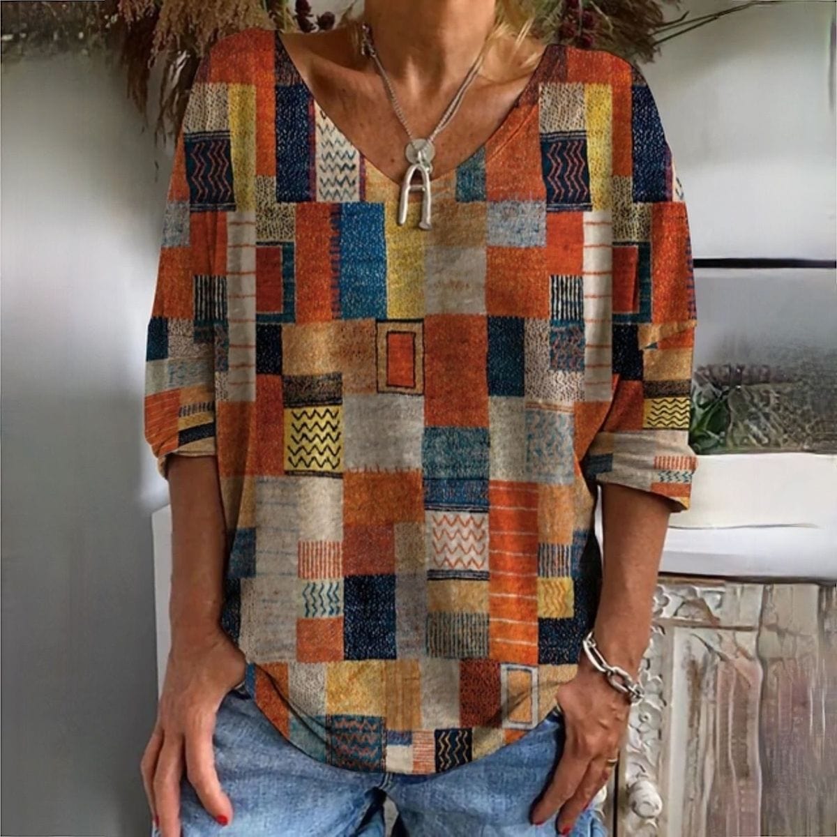 Geometric Patchwork Print V-Neck Long Sleeve Top
