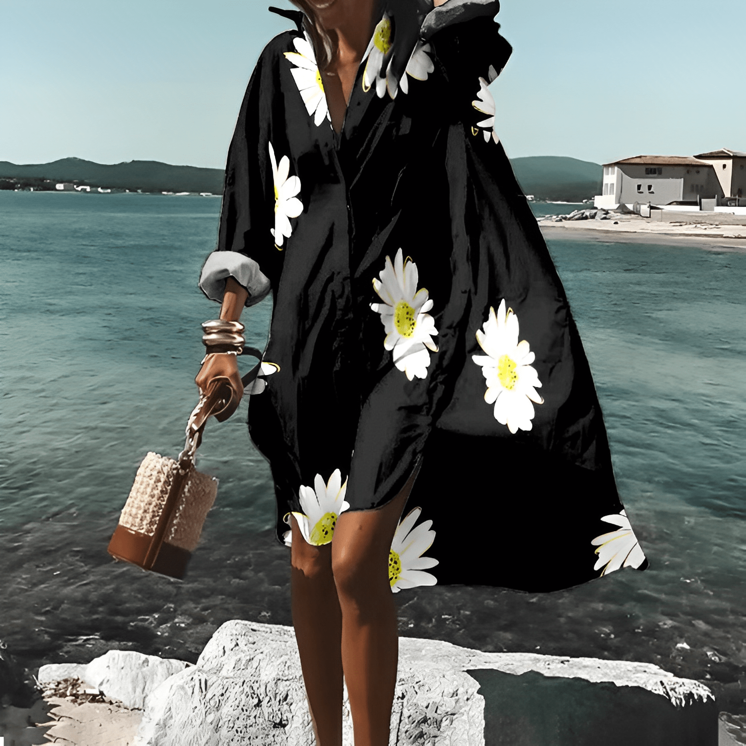 Abstract Swirl Print Oversized Collared Long Sleeve Shirt Mini Dress