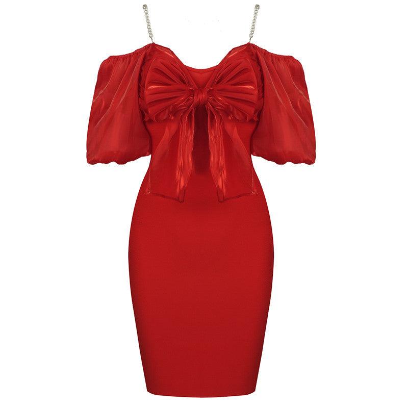 Elliana Cold Shoulder Puff Sleeve Bow-tie Decor Solid Dress