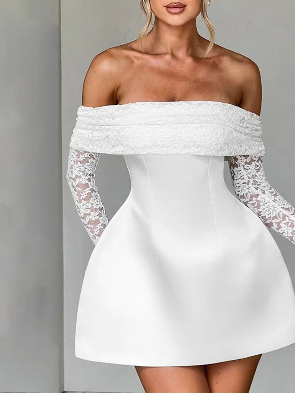 Off Shoulder Sheer Lace Flare Sleeve Structured Satin Mini Dress 3