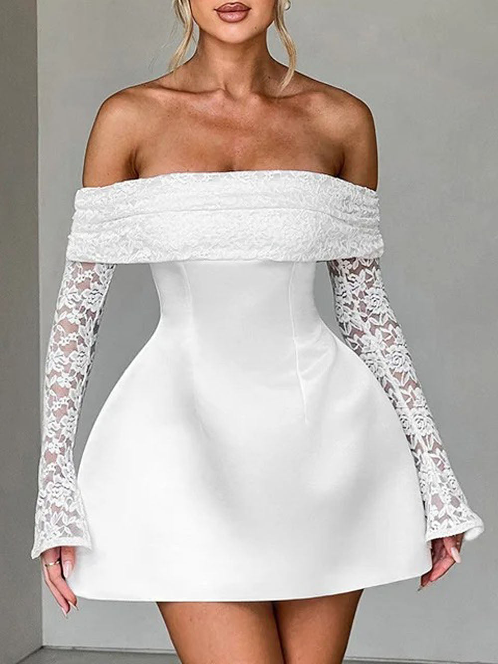 Off Shoulder Sheer Lace Flare Sleeve Structured Satin Mini Dress