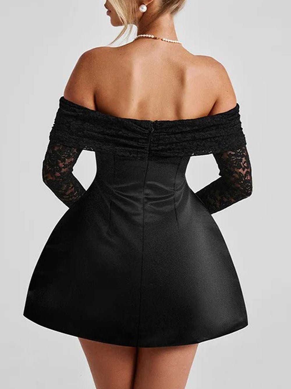 Off Shoulder Lace Long Sleeve Satin Skirt Fit and Flare Mini Dress 3