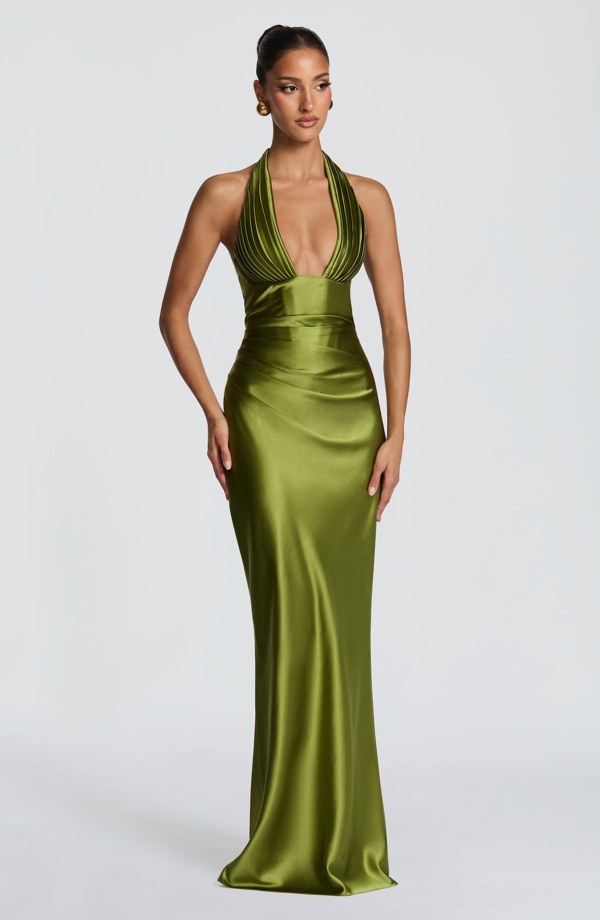Satin Plunging Halter Neck Pleated Bust Mermaid Maxi Gown 6
