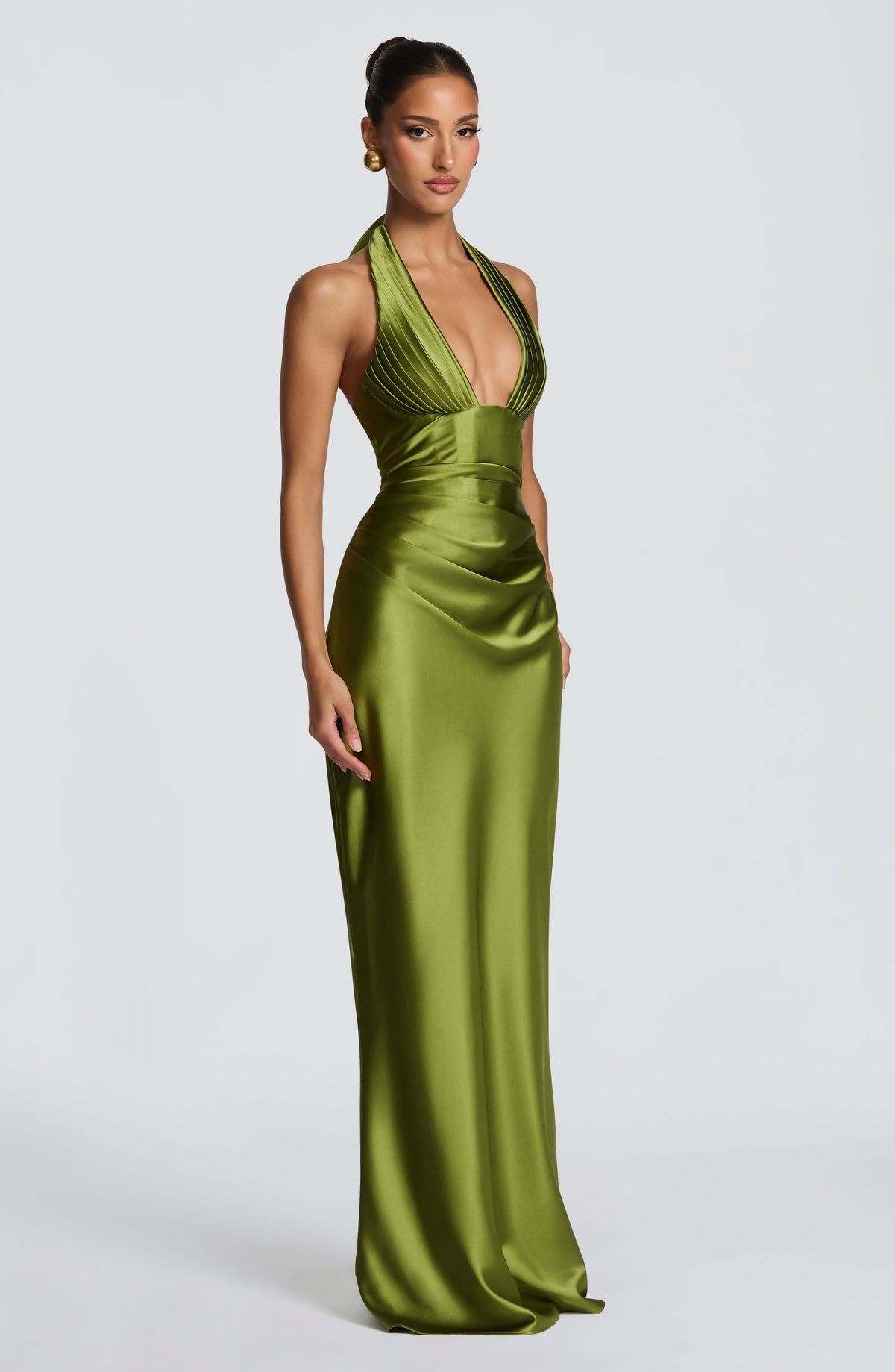 Satin Plunging Halter Neck Pleated Bust Mermaid Maxi Gown 4