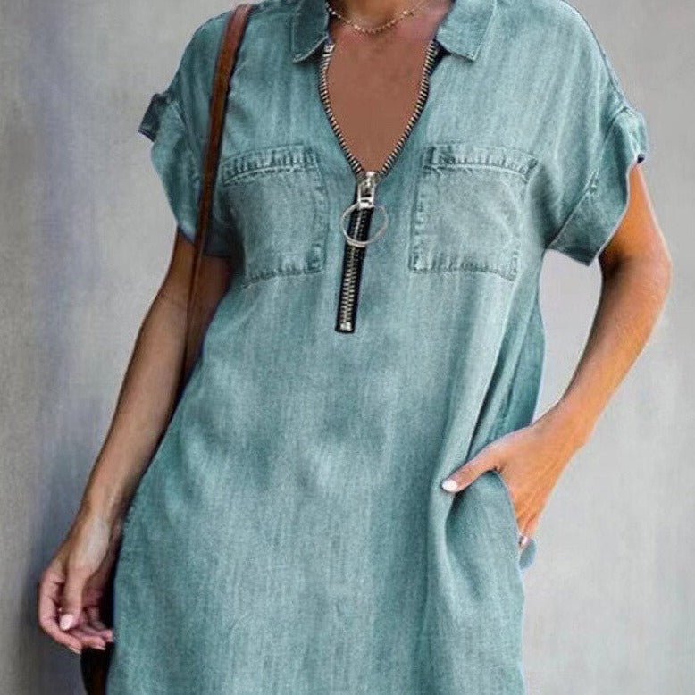 Zip Front Collar Short Sleeve Denim Shirt Midi Dress