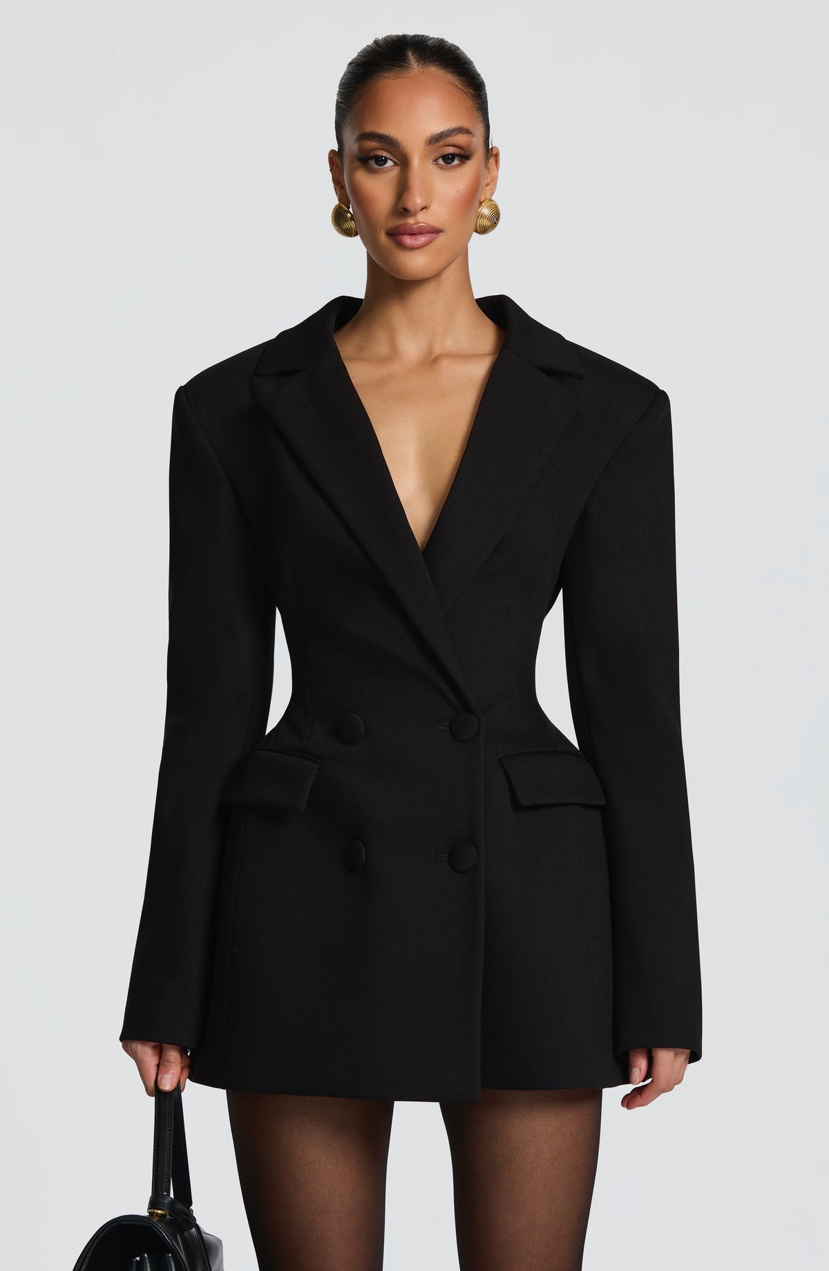 Double Breasted Plunge Neck Choker Collar Long Sleeve Blazer Mini Dress 4