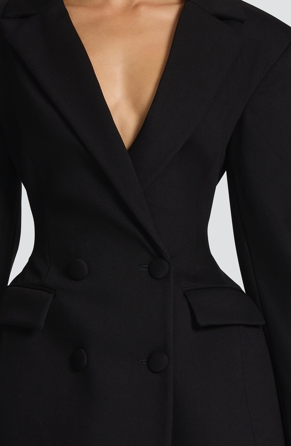 Double Breasted Plunge Neck Choker Collar Long Sleeve Blazer Mini Dress 15