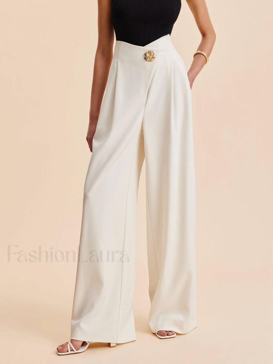 Embellished High Waist Wide Leg Pants Apricot / XS Pants