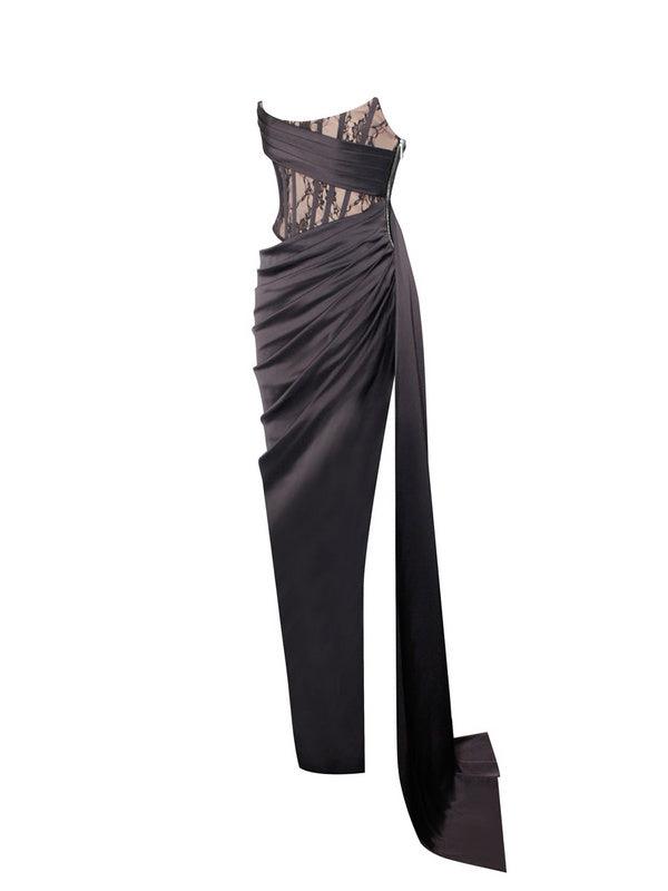 Ember Black Lace Satin Corset High Slit Gown
