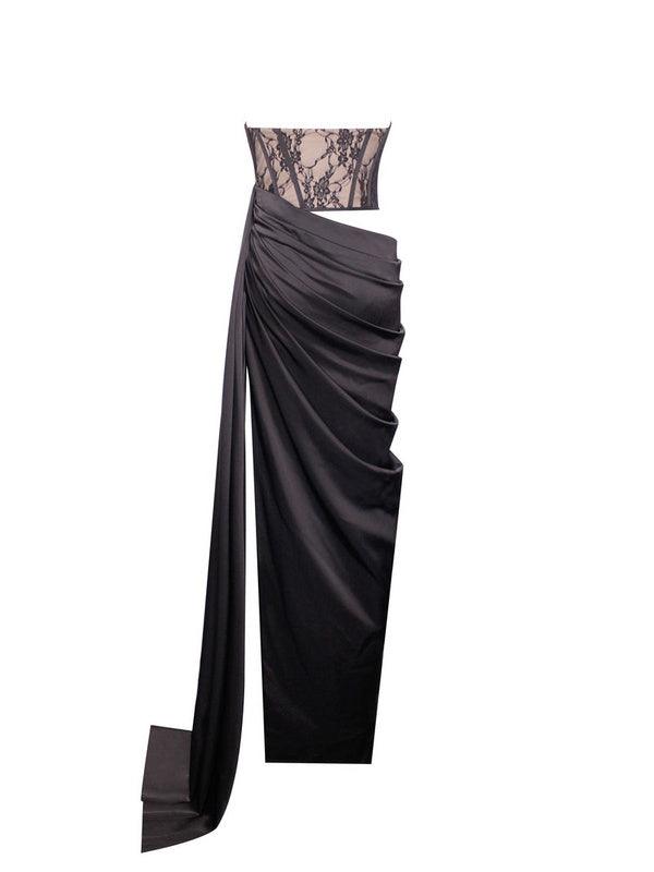 Ember Black Lace Satin Corset High Slit Gown