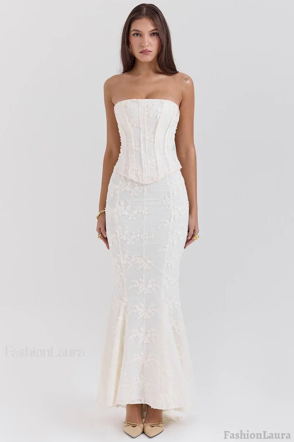 Embroidered Bustier Bodycon Formal Dress XS / White