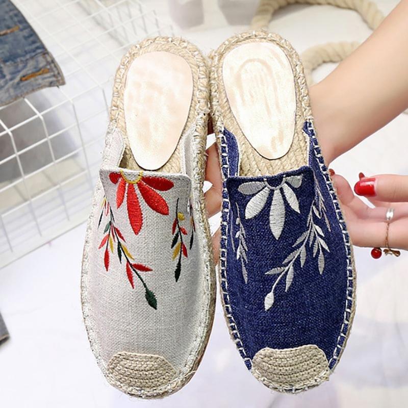 Embroidered Espadrille Flat Slippers