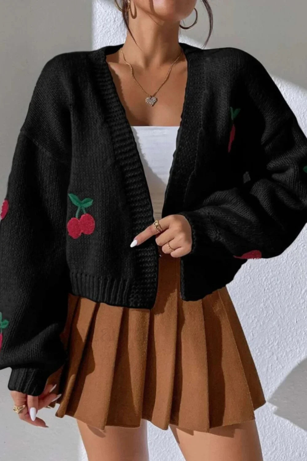 Embroidered Knit Open Front Sweater