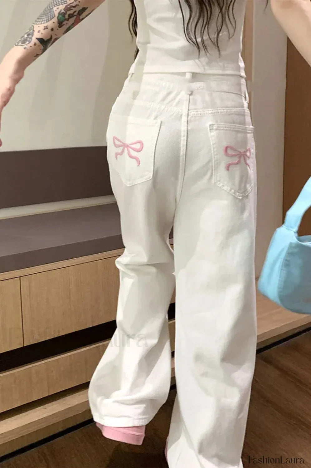 Embroidered Pink Bow Wide Leg Jeans