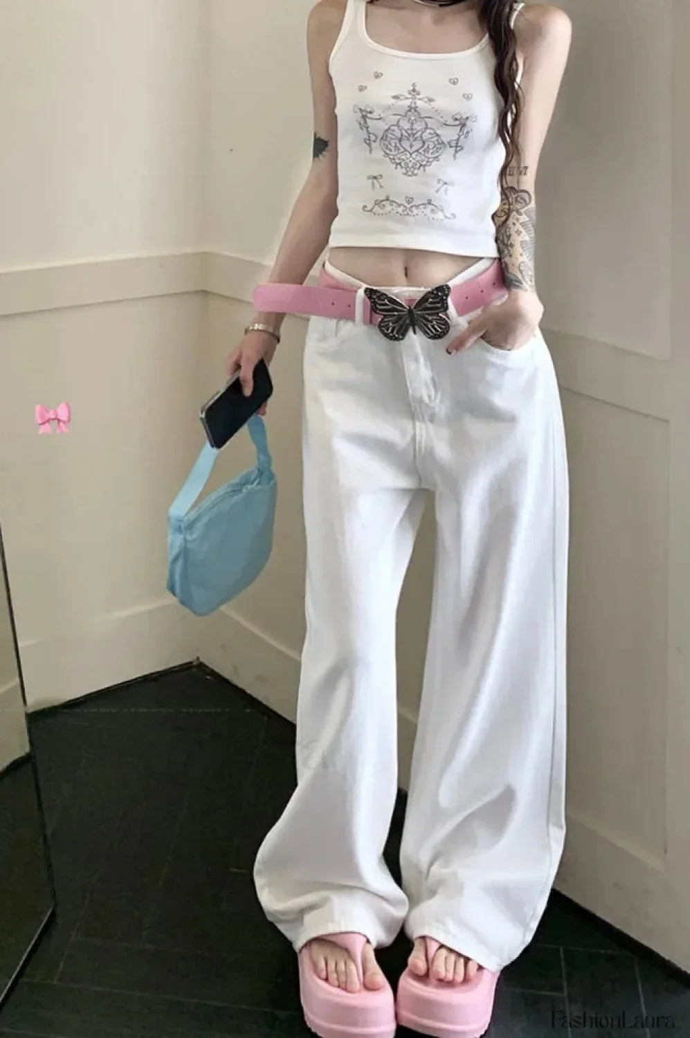 Embroidered Pink Bow Wide Leg Jeans