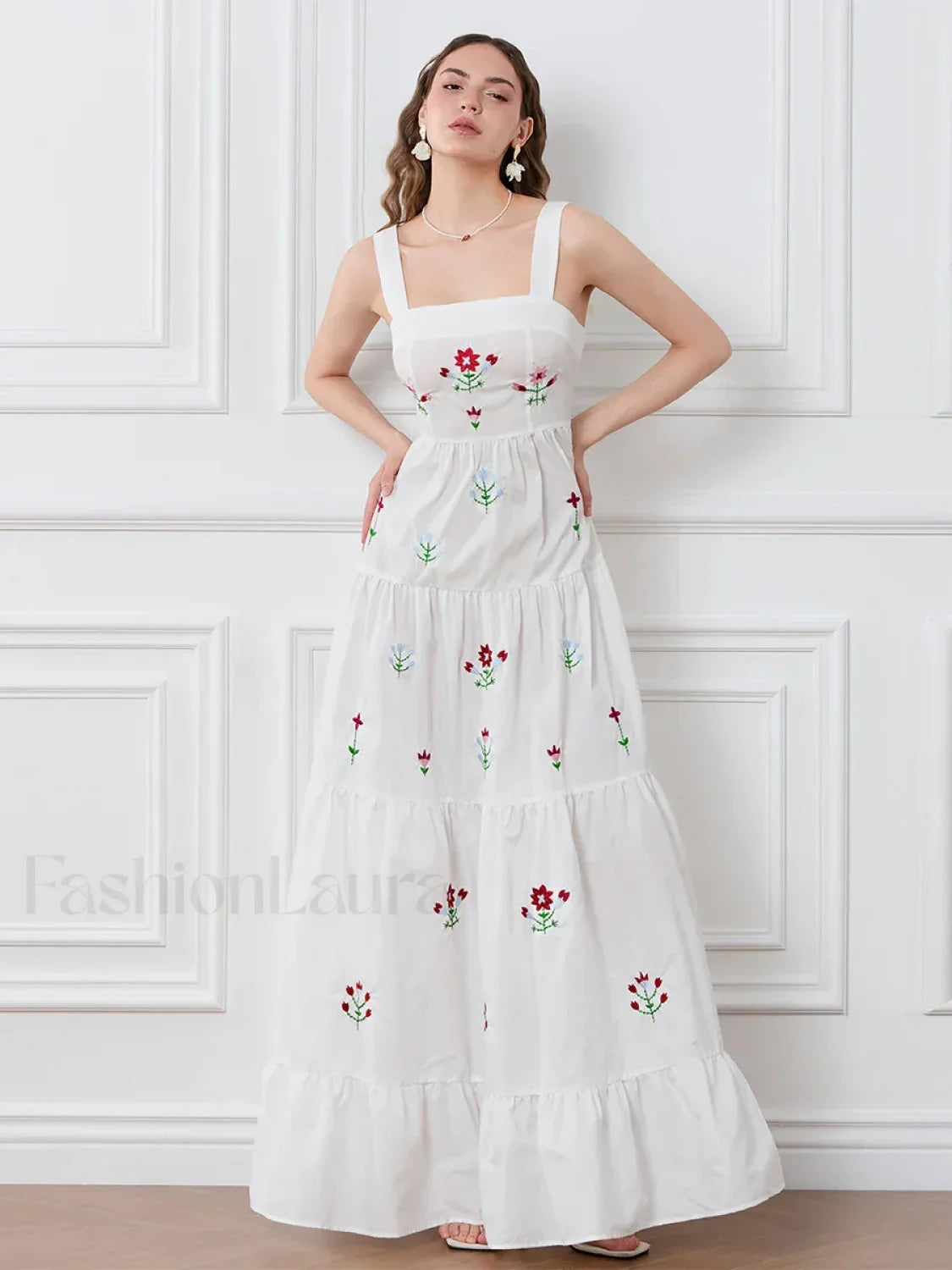 Embroidered Square Neck Boho Dress