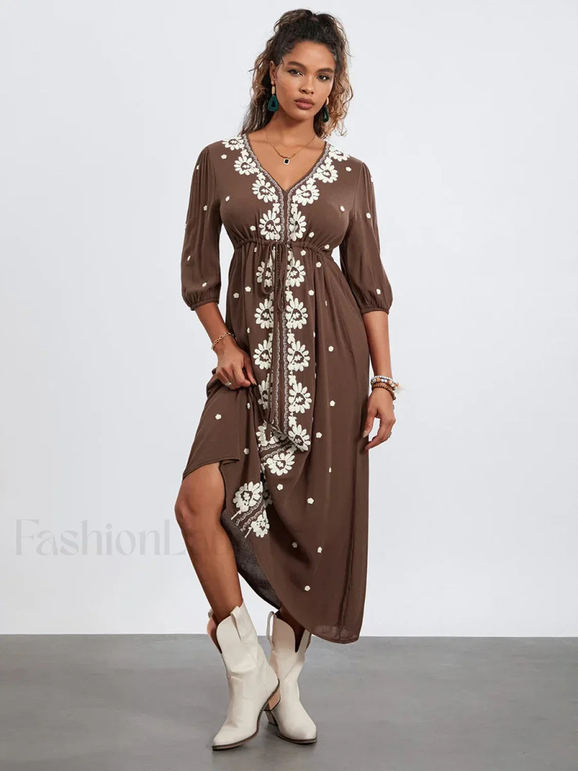 Embroidered Tie-Waist Boho Dress