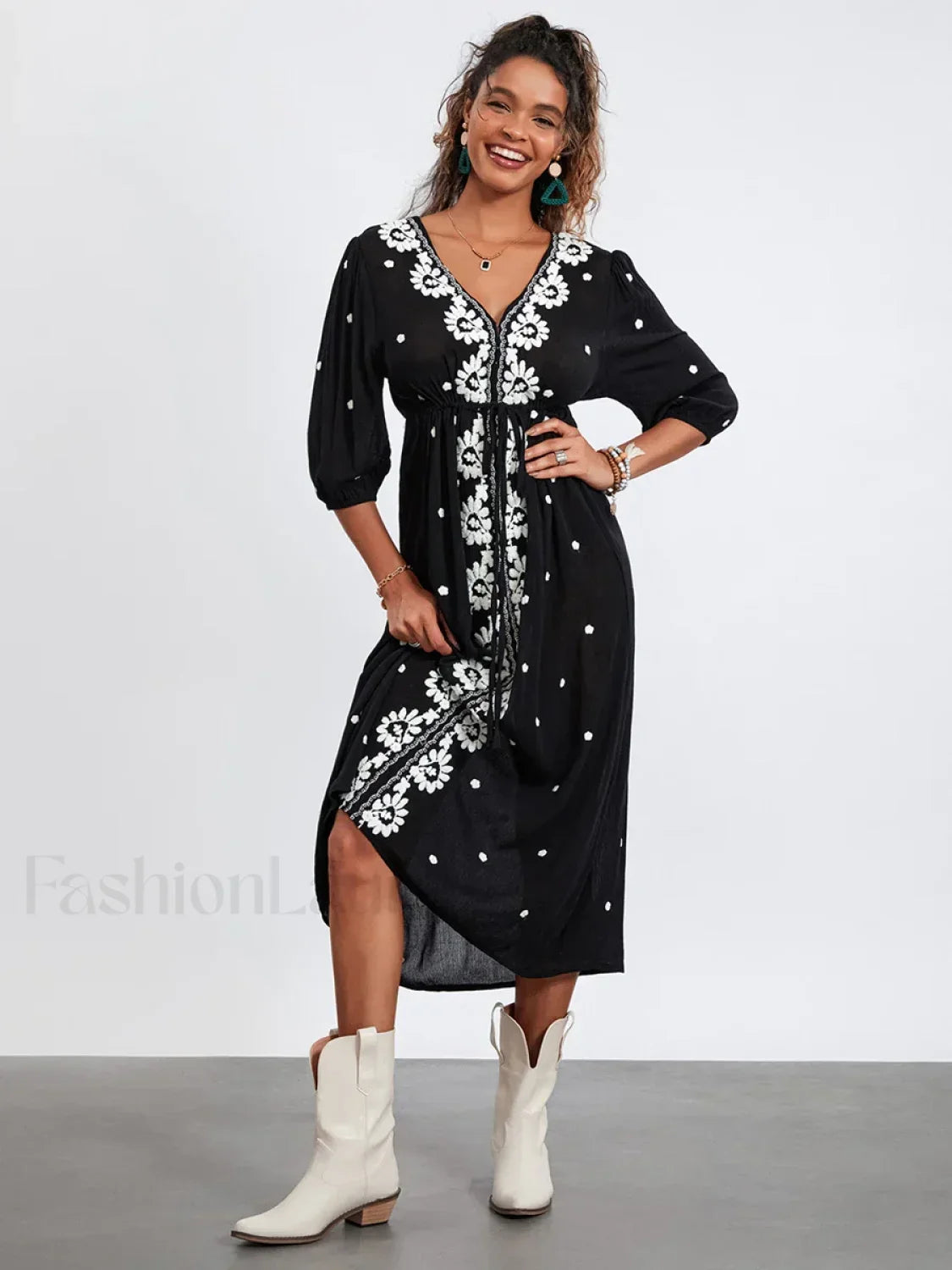 Embroidered Tie-Waist Boho Dress