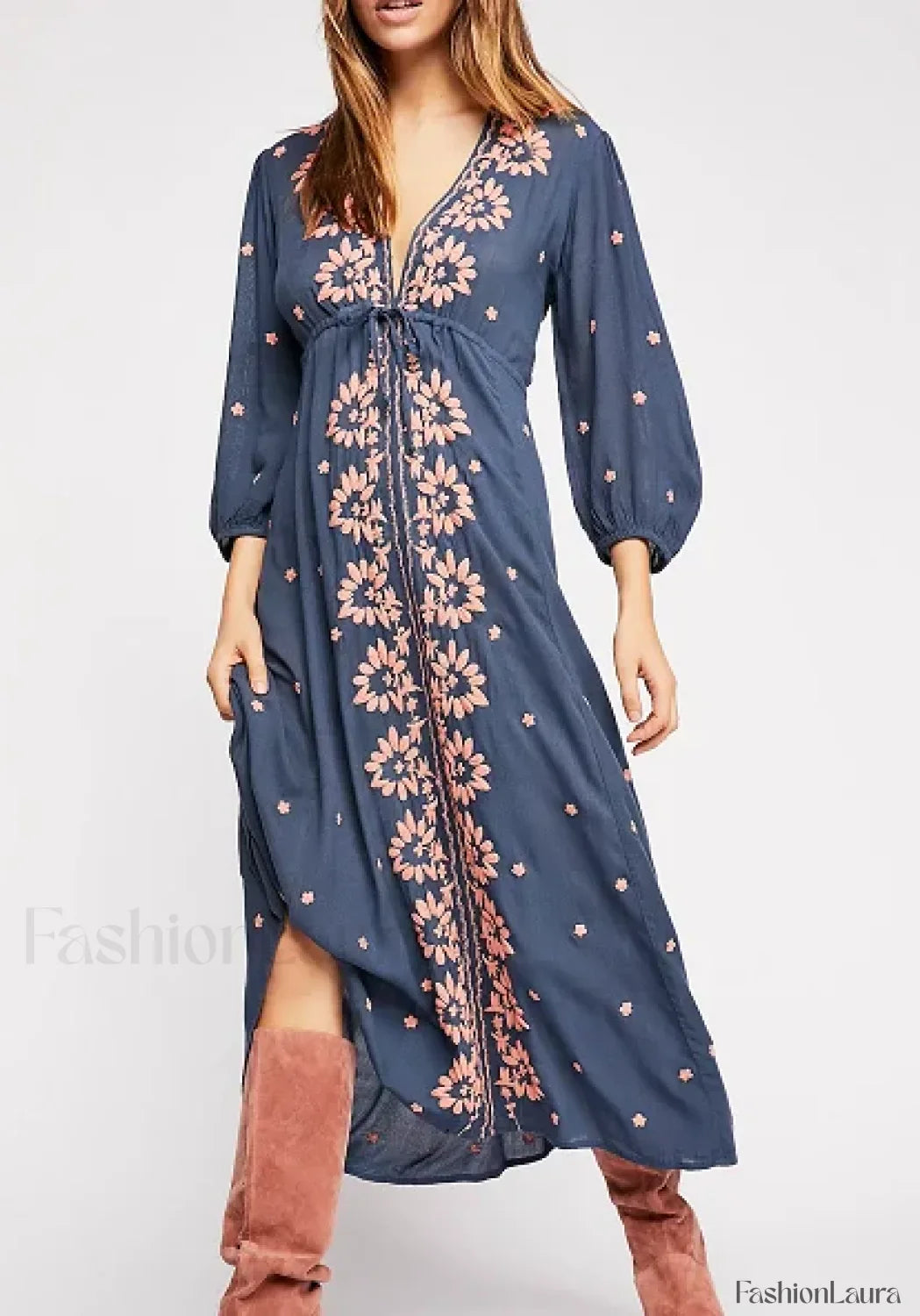 Embroidered Tie-Waist Boho Dress