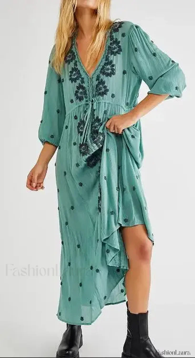 Embroidered Tie-Waist Boho Dress