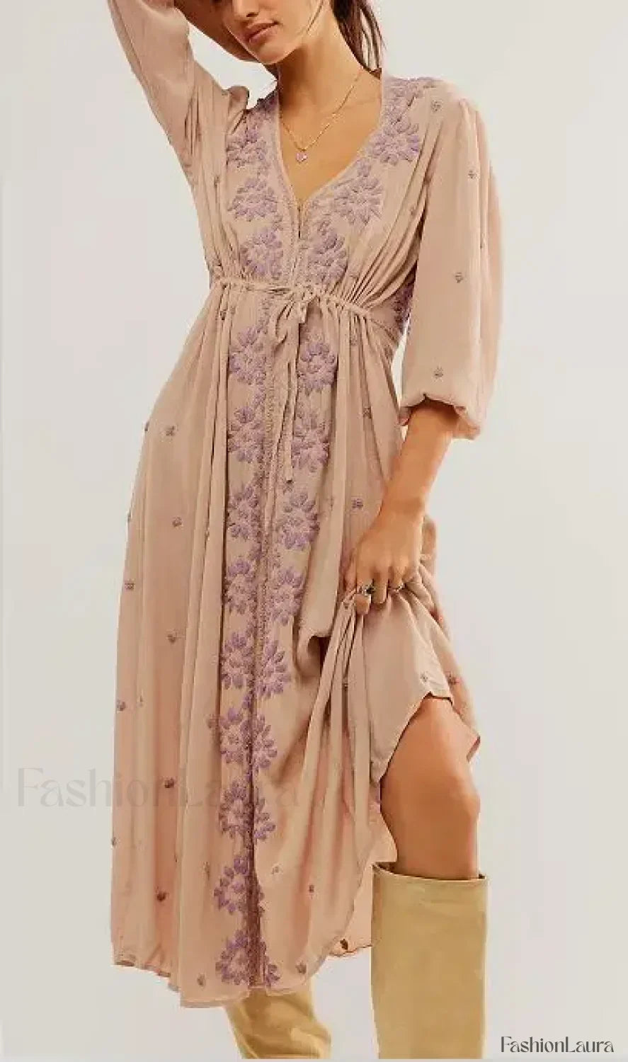 Embroidered Tie-Waist Boho Dress