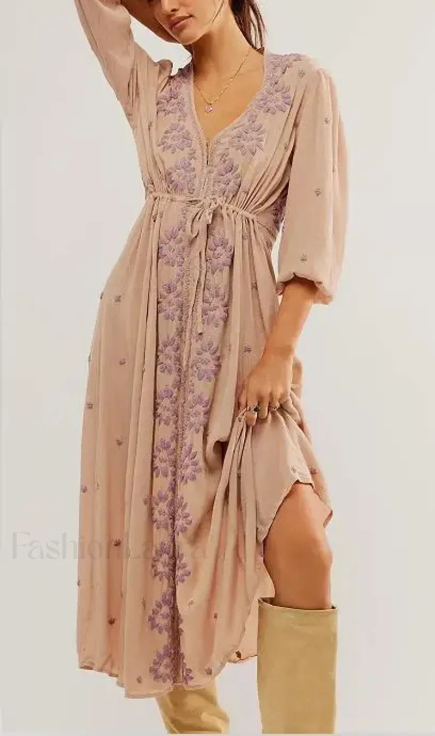 Embroidered Tie-Waist Boho Dress