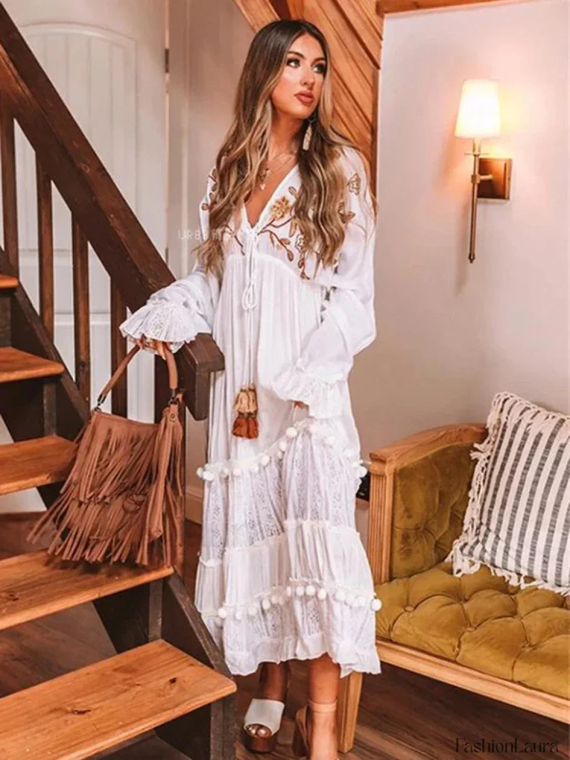 Embroidered V-Neck Long Boho Dress