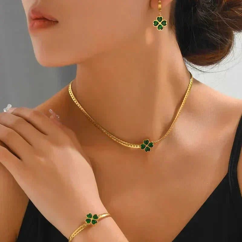 Four Leaf Clover Necklace Bracelet and Earrings Jewelry Set