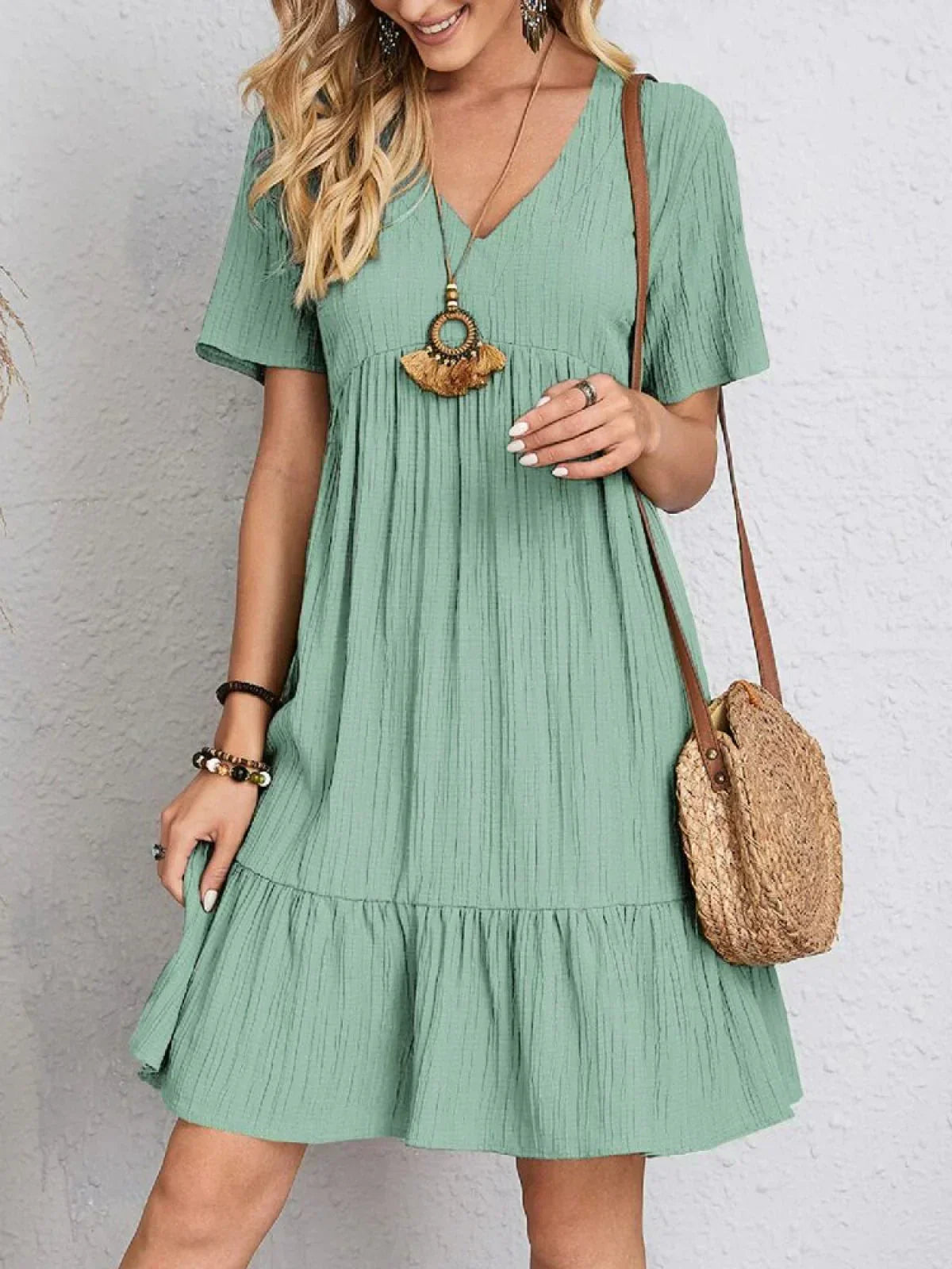 Crinkle Texture V-Neck Short Sleeve Empire Waist Tiered Ruffle Mini Dress