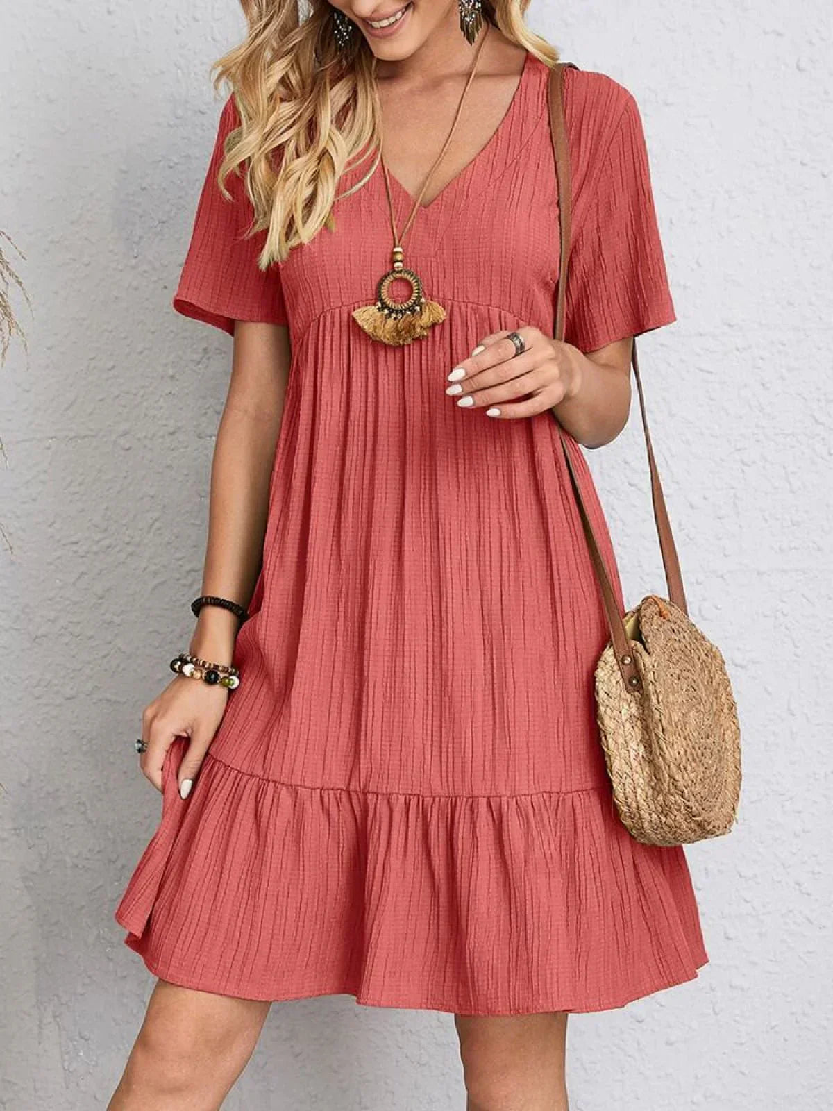 Crinkle Texture V-Neck Short Sleeve Empire Waist Tiered Ruffle Mini Dress