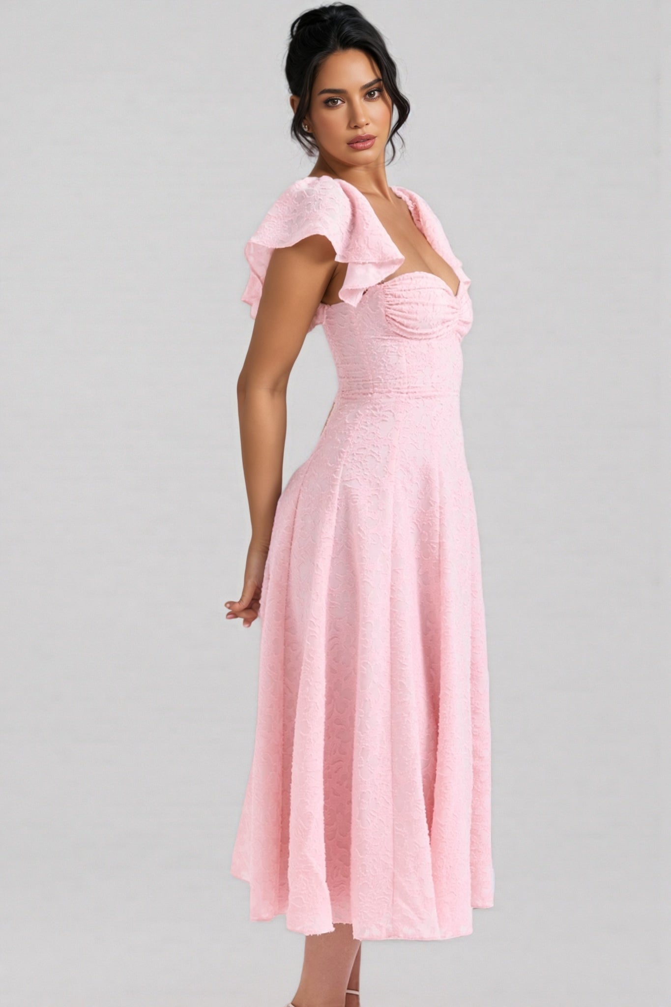 Floral Jacquard Sweetheart Neck Flutter Sleeve Fit and Flare Midi Dress